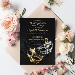 Elegant Black Masquerade, Masque Sweet 16 Invitation Postcard