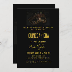 Elegant Black Masquerade Quinceañera 15 Birthday Invitation