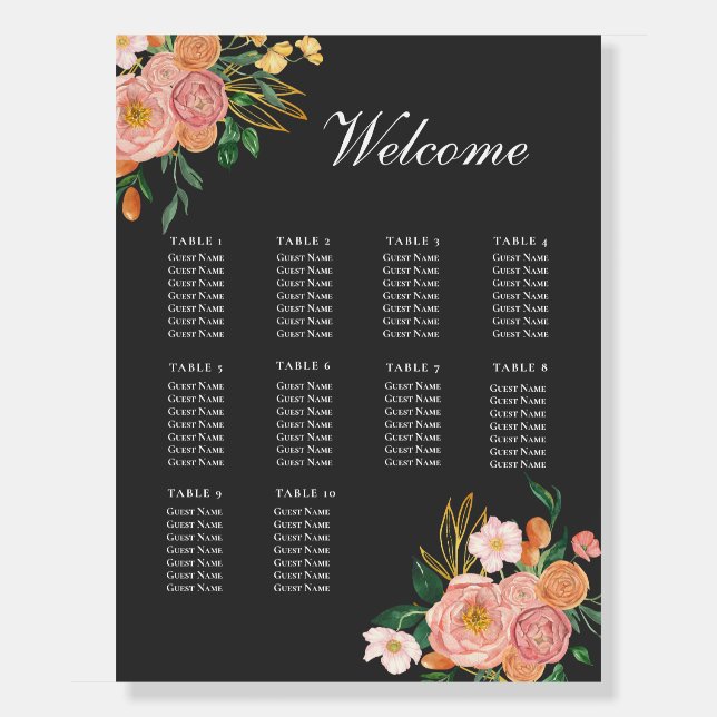 Elegant Black & Mauve Rose Wedding Seating Chart Foam Board (Front)