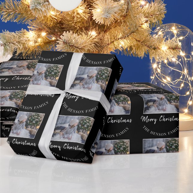 Elegant Black Merry Christmas Script Family Photo Wrapping Paper (Holidays)
