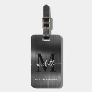 Elegant Black Metal Monogram Initial Script Luggage Tag