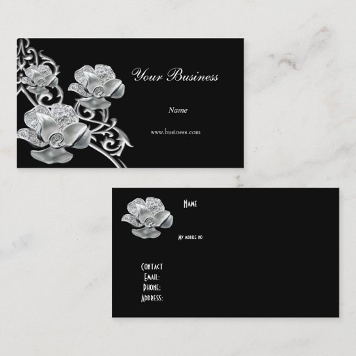 Customizable Elegant Black Metal Silver Look  Jewel Floral Business Card