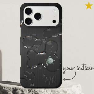 Elegant Black Metal Water Drop Sea Turtle Monogram iPhone 17 Pro Max Case
