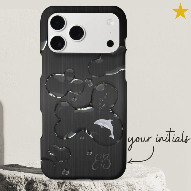 Elegant Black Metal Water Drops Dolphin Monogram iPhone Case (Creator Uploaded)