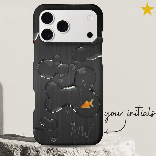 Elegant Black Metal Water Drops Goldfish Monogram iPhone Case (Creator Uploaded)