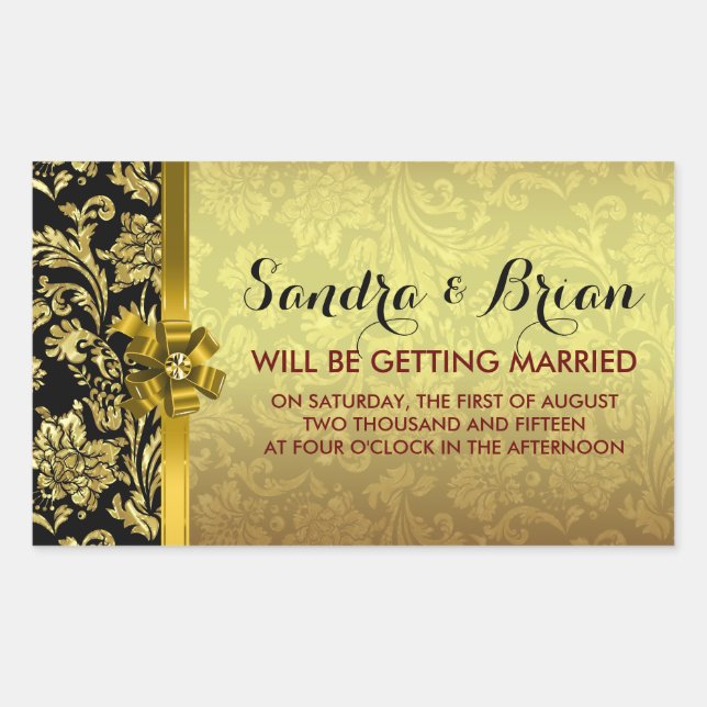 Elegant Black & Metallic Gold Damasks Rectangular Sticker (Front)