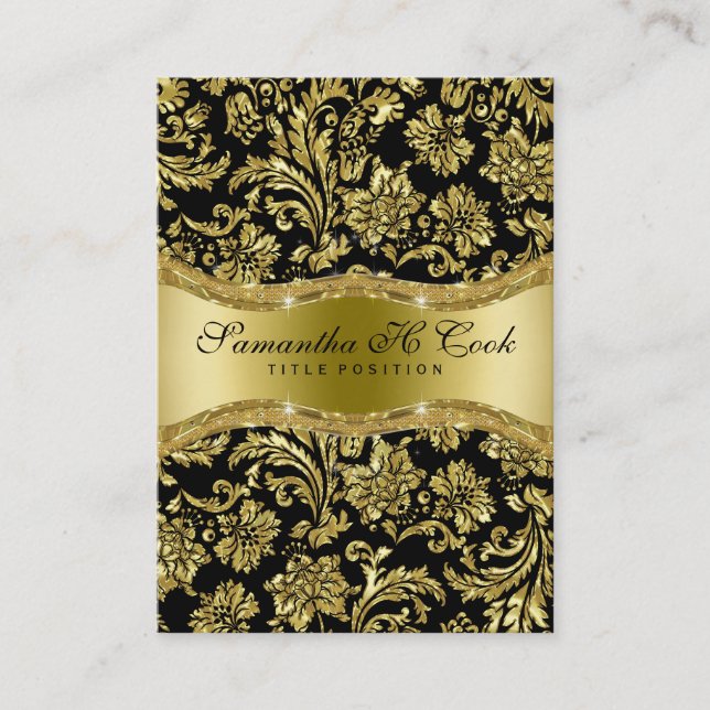 Elegant Black & Metallic Gold Floral Damasks Business Card (Front)
