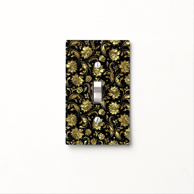 Elegant Black Metallic Gold Floral Damasks Light Switch Cover (In Situ)