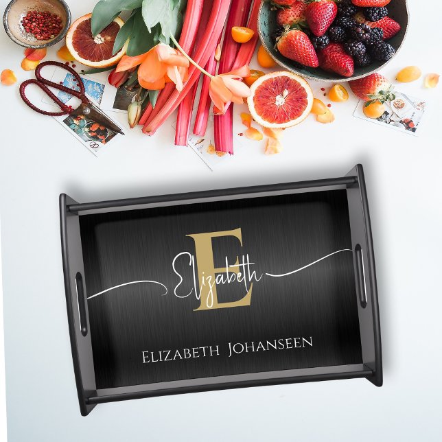 Elegant Black Metallic Gold Girly Monogram Script Serving Tray (Creator Uploaded)