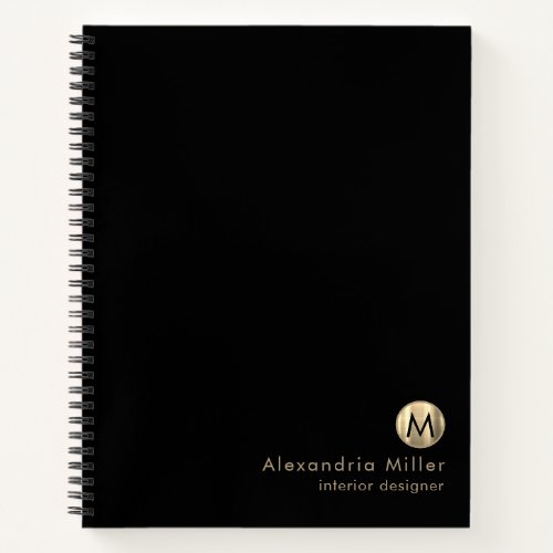 Elegant Black Metallic Gold Monogram Notebook
