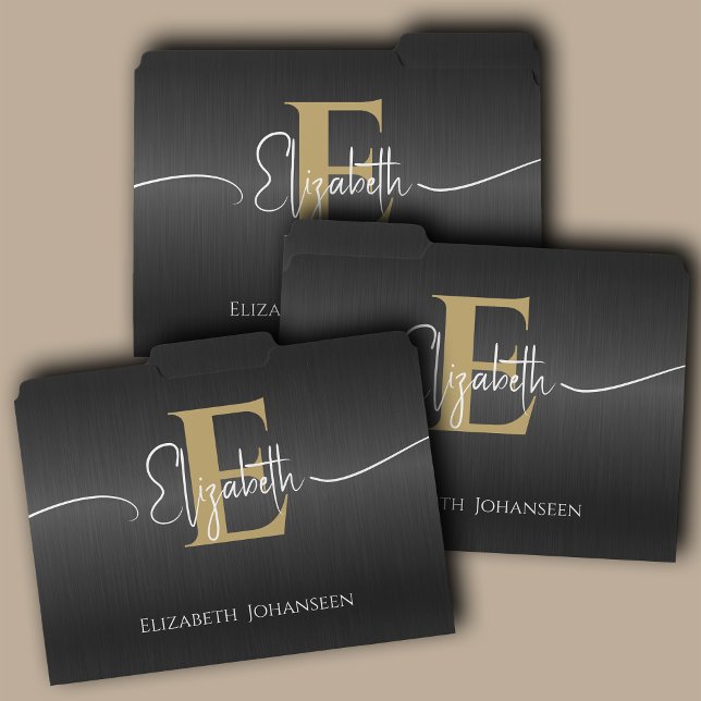 Elegant Black Metallic Gold Monogram Script Name File Folder (Creator Uploaded)