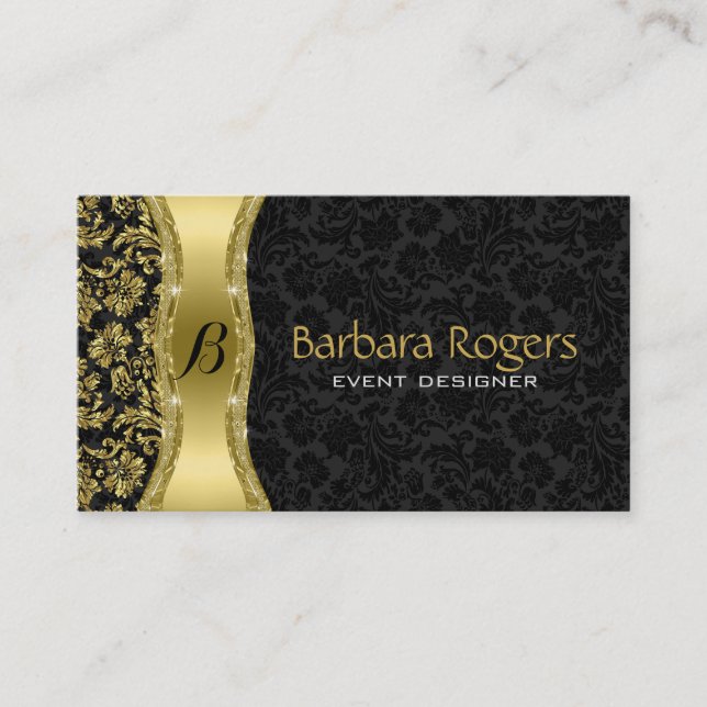 Elegant Black & Metallic Gold Vintage Damasks Business Card (Front)