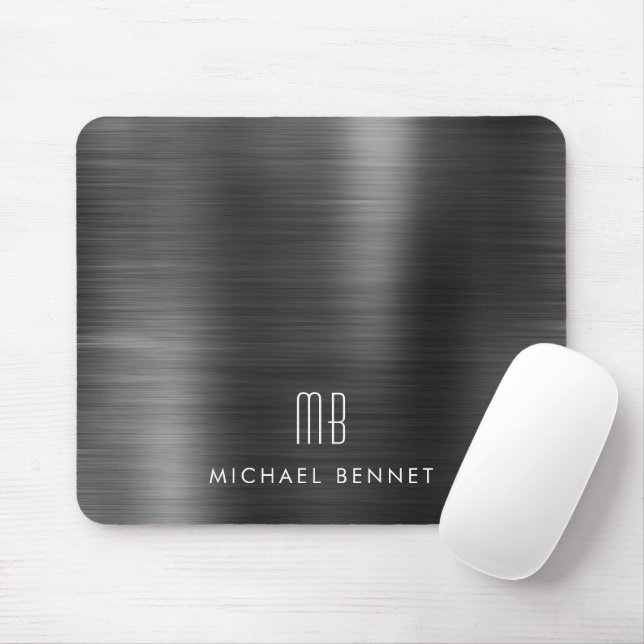 Elegant Black Metallic Monogram Name Mouse Pad (With Mouse)