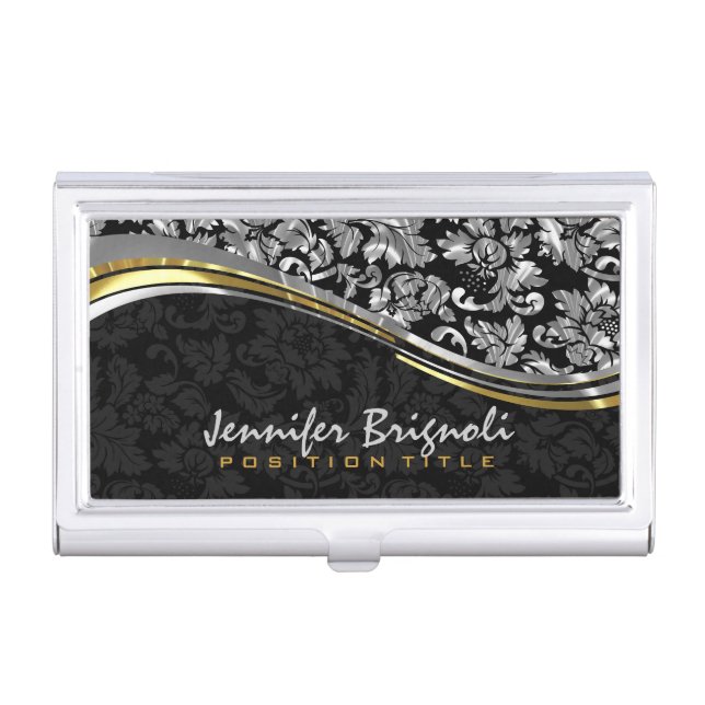 Elegant Black & Metallic Silver Damasks Business Card Holder (Front)