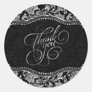 Elegant Black & Metallic Silver Damasks Thank You Classic Round Sticker