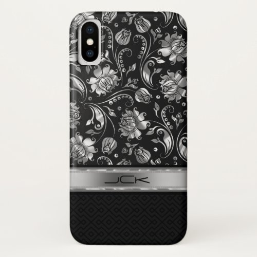 Elegant Black  Metallic Silver Floral Damasks iPhone X Case