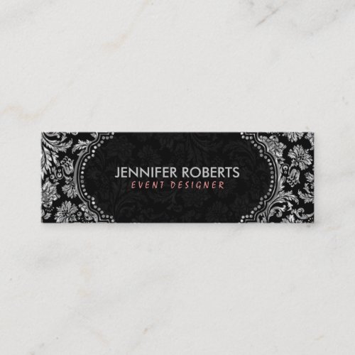 Elegant Black  Metallic Silver Floral Damasks Mini Business Card