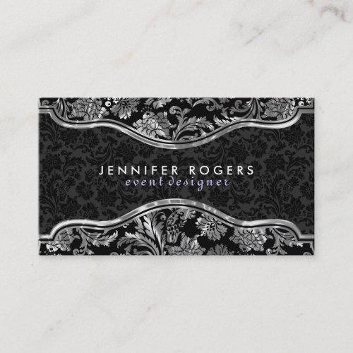 Elegant Black  Metallic Silver Vintage Damasks Business Card