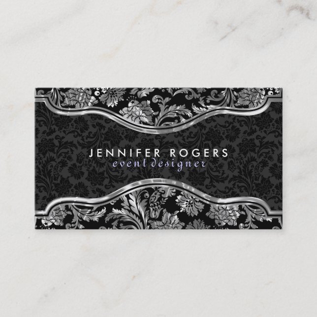 Elegant Black & Metallic Silver Vintage Damasks Business Card (Front)