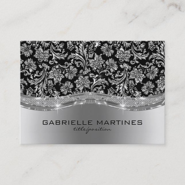 Elegant Black & Metallic Silver Vintage Damasks Business Card (Front)