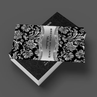 Elegant Black & Metallic Silver Vintage Damasks Business Card