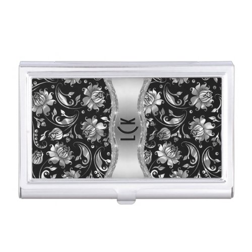 Elegant Black  Metallic Silver Vintage Damasks Business Card Holder