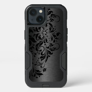 Elegant Black Metallic Texture & Black Swirly Lace iPhone 13 Case