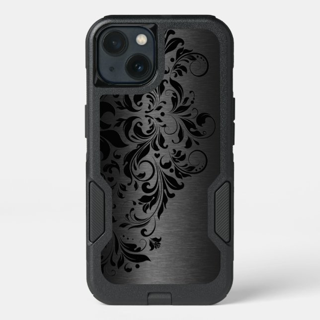 Elegant Black Metallic Texture & Black Swirly Lace Otterbox iPhone Case (Back)