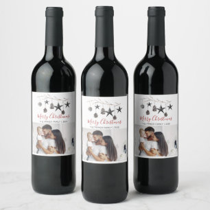 Elegant black minimal Christmas photo Wine Label