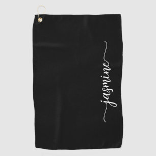 Elegant Black Minimal Girly Monogram Name Script Golf Towel