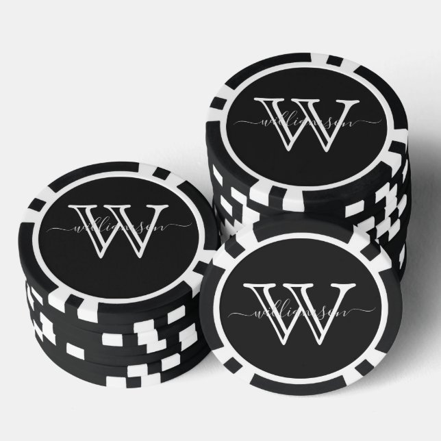 Elegant Black Minimal Name and Monogrammed  Poker Chips (Stack)