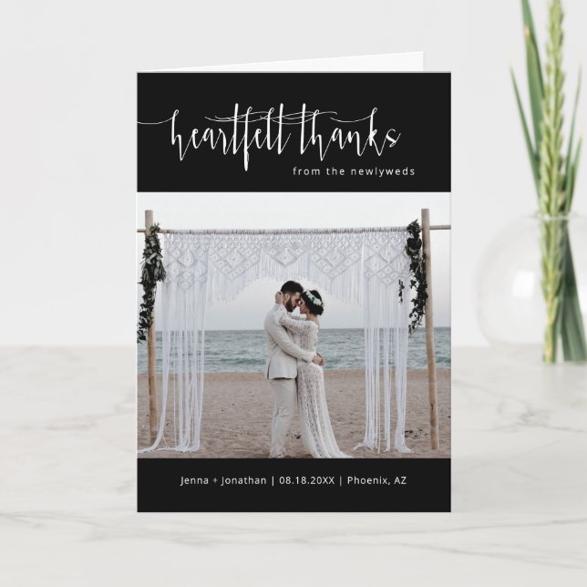 Elegant Black Minimal Script Wedding Photo Folded Thank You Card (Front)