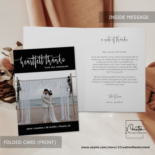 Elegant Black Minimal Script Wedding Photo Folded Thank You Card