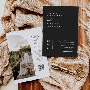 Elegant Black Minimal Wedding Arch Photo QR Code   Invitation