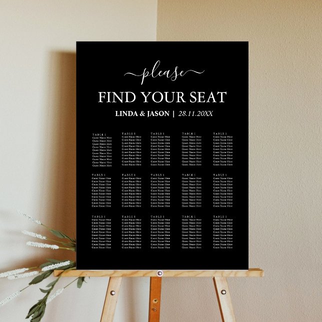 Elegant Black Minimal Wedding Seating Chart Foam Board (Elegant black minimal seating chart foam board guides guests with sleek wedding style.)