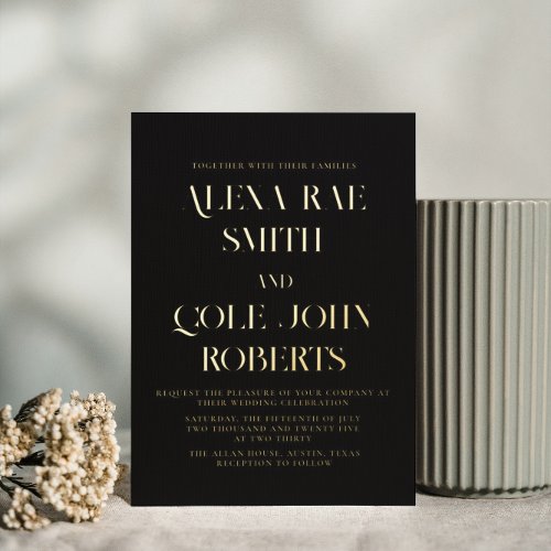 Elegant Black Minimalist Chic Wedding Gold Foil Invitation