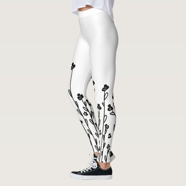 Elegant black minimalist doodle floral leggings (Left)