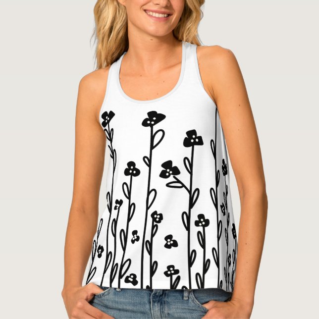Elegant black minimalist doodle floral tank top (Front)