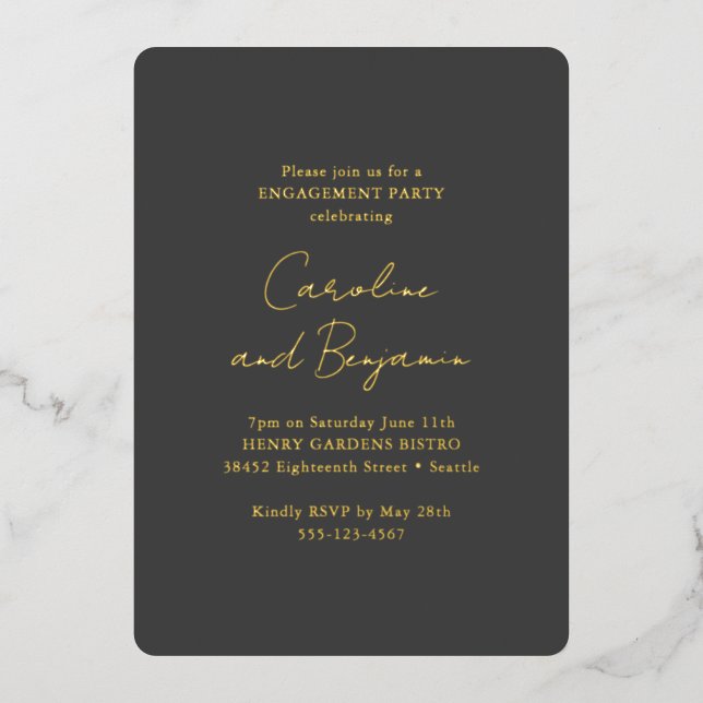 Elegant Black Minimalist Engagement Party Gold Foil Invitation (Front)