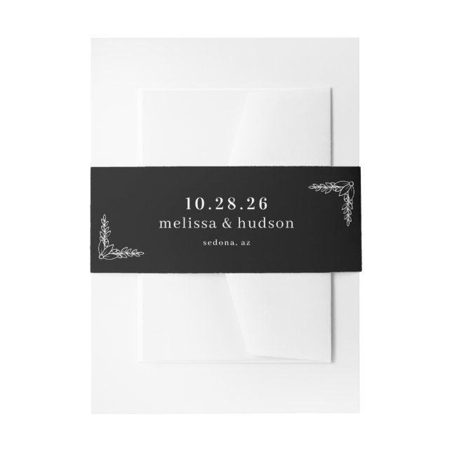 Elegant Black Minimalist Floral Invitation Belly Band (Front Example)