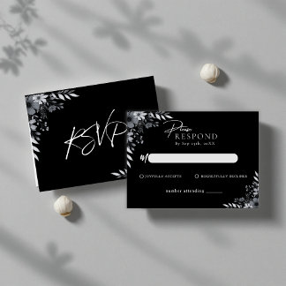 Elegant Black Minimalist Floral Wedding RSVP Note Card