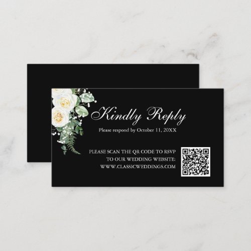 Elegant Black Minimalist Floral Wedding RSVP QR Enclosure Card