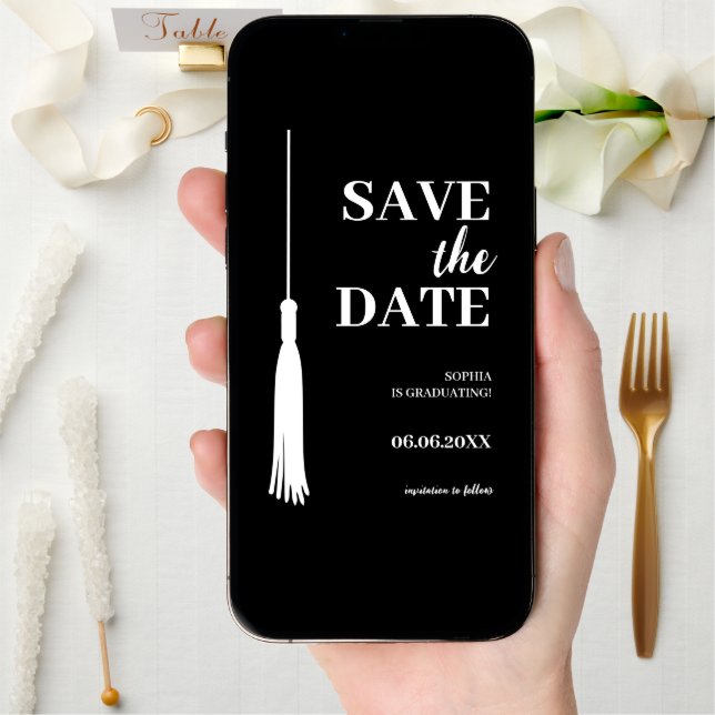 Elegant Black Minimalist Grad Tassel Graduation Save The Date (Front Digital)