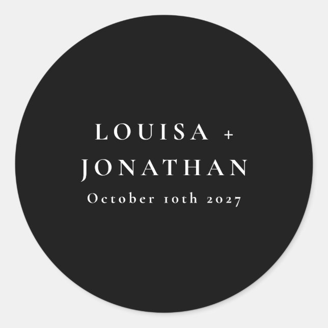 Elegant Black Minimalist Personalized Wedding Classic Round Sticker (Front)