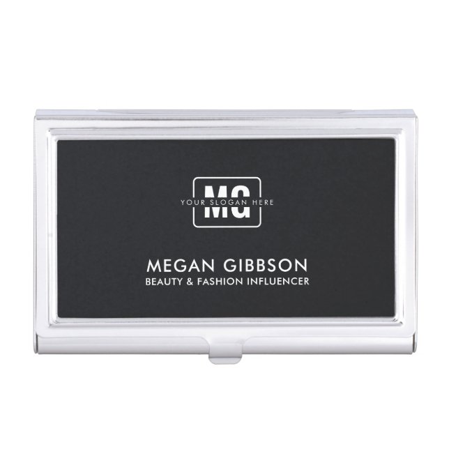 Elegant Black Minimalist Professional Monogram Bus Business Card Case (Front)