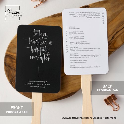 Elegant Black Minimalist Script Wedding Program Hand Fan