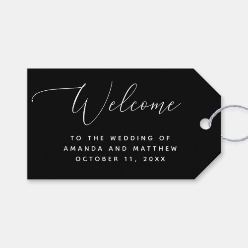Elegant black minimalist script wedding welcome gift tags