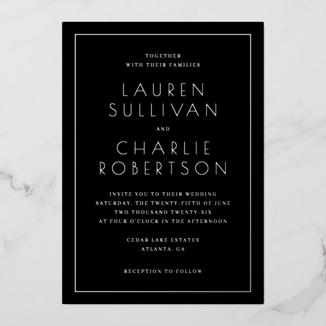 Elegant Black Minimalist Wedding Invitation Foil Invitation (Front)