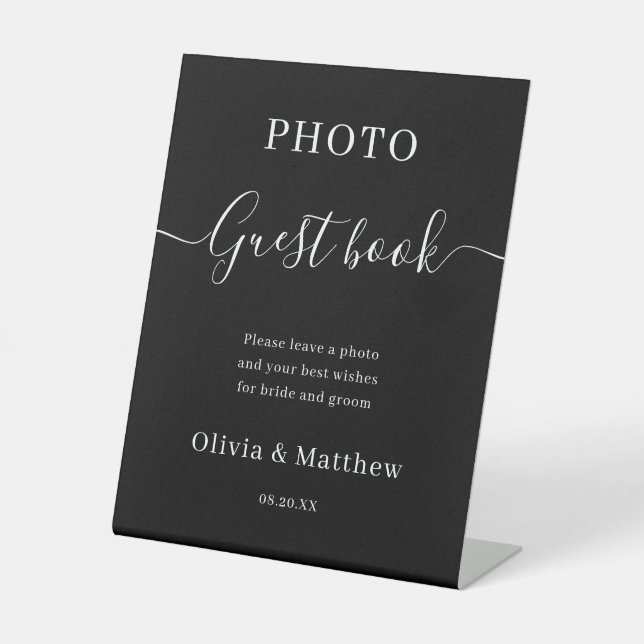 Elegant Black Minimalist Wedding Photo Guest Book Pedestal Sign (Front)