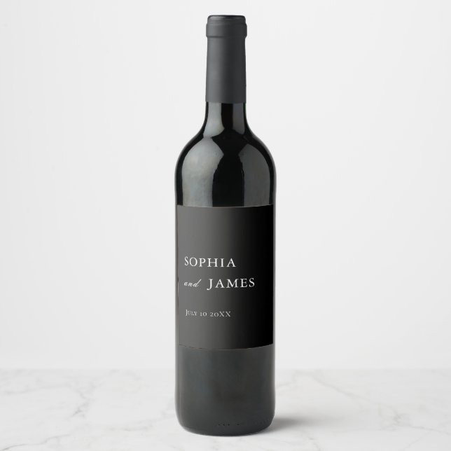 Elegant Black Minimalist Wedding Wine Label (Front)